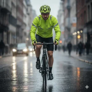 A cyclist wearing the waterproof reflective cycling jacket while riding a bicycle in light rain, demonstrating its weather resistance.