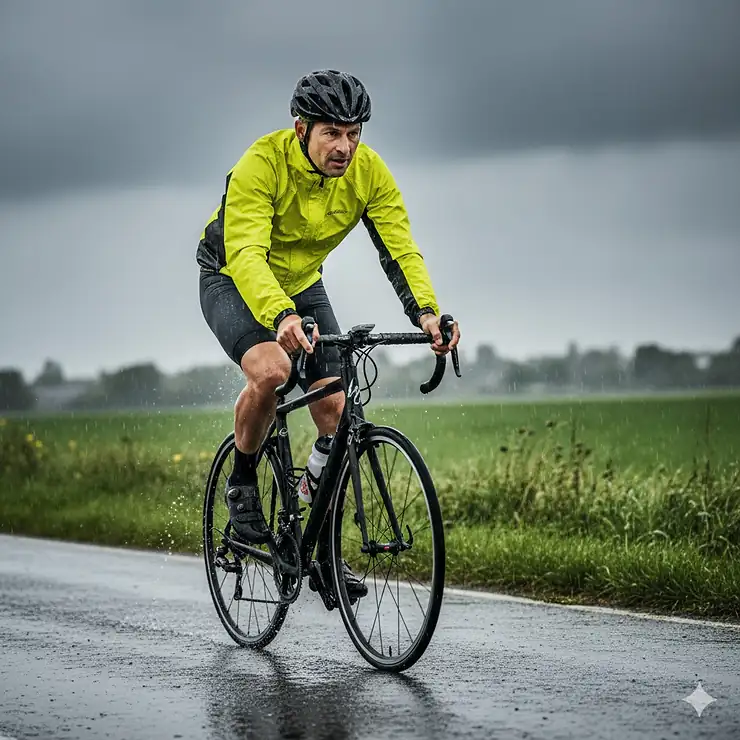 A male cyclist in a bright yellow bike rain jacket rides a road bike on a wet country road under stormy skies, showcasing the jacket's waterproof performance.
