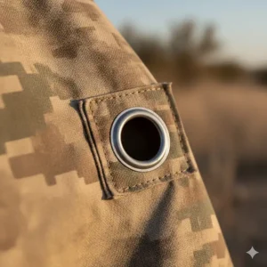 Close-up of a desert digital pattern camouflage tarps showing its reinforced grommets.