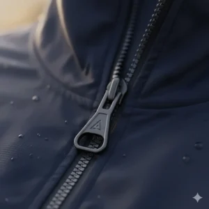 Detailed illustration of a durable zipper pull on the quarter zip windbreaker collar.