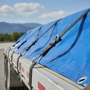 Durable EPDM rubber tarp straps with S-hooks securing a large blue vinyl tarp on a flatbed trailer.