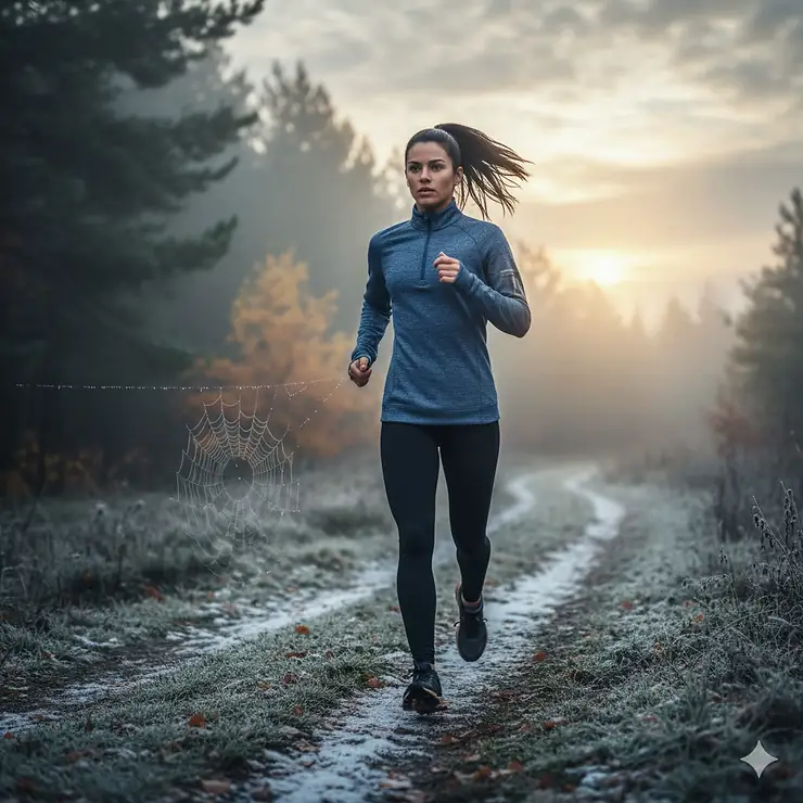 Female runner wearing a lightweight, thermal running sweater on a cold morning trail run.