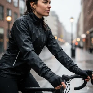 A female cyclist in a sleek black bike rain jacket with reflective detailing rides her commuter bike through a light city drizzle, highlighting urban rain protection.