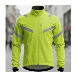 Front view of a waterproof and windproof reflective cycling jacket, highlighting the full-zip closure and chest pocket.