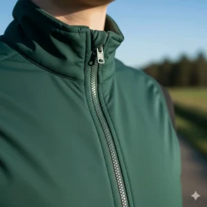 Close-up on the full-length, two-way zipper and high collar of a premium bike vest for adjustable temperature control.