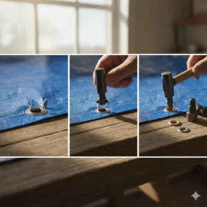 Step-by-step illustration of using a grommet setter tool from a tarp repair kit to replace a damaged tarp eyelet.