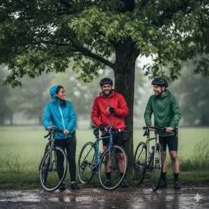 A group of diverse cyclists wearing colorful bike rain jackets take a break under a tree during a rain shower, demonstrating camaraderie and rain readiness.