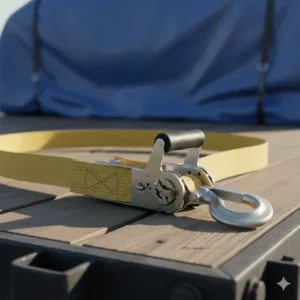 A heavy-duty ratchet tarp strap with yellow webbing and a secure J-hook, ideal for cargo securement.