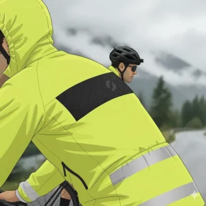 The lightweight hood of a cycling rain jacket that is designed to be helmet-compatible and stowable.