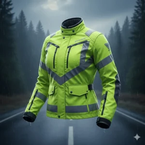 Reflective, high-visibility waterproof bike jacket for ladies in low-light conditions.