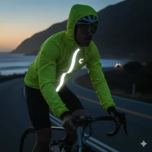 Reflective strips on the sleeves and back of the high-visibility cycling wind jacket illuminated in low-light conditions.