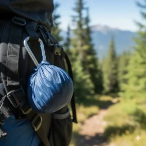 Photo of a hiking backpack with the small, compressed packable windbreaker clipped to a strap using a carabiner for easy access.