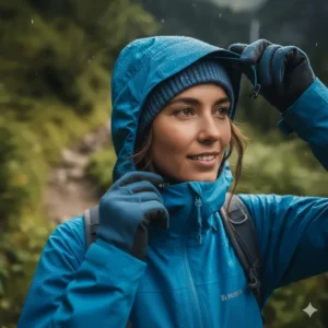 Close-up of the adjustable hood and high collar on the women's lightweight hiking jacket.
