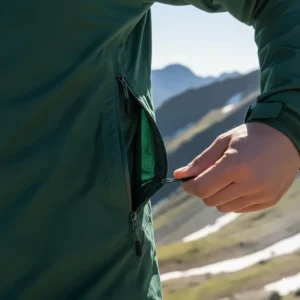Pit zips on a breathable shell jacket, offering essential ventilation during strenuous hikes.