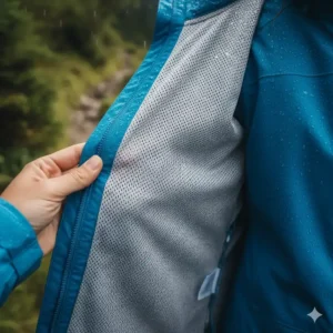 Close-up of the inner mesh lining that provides breathability in the women's hiking jacket.