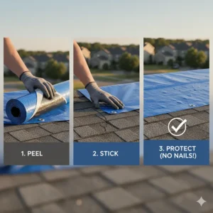 Step-by-step visual of the easy, nail-free application of the self adhesive roof tarp to prevent further roof damage.