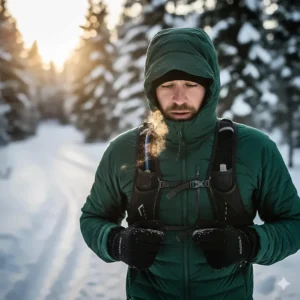 Close-up of a runner wearing a hooded, insulated jacket, one of the best winter running jackets for very cold weather.