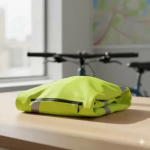 The lightweight and packable reflective cycling jacket neatly folded into its own pocket for easy storage during a ride.