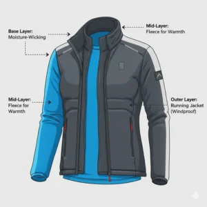 Example of proper layering for cold weather, showing a base layer under the windproof insulated running jacket.