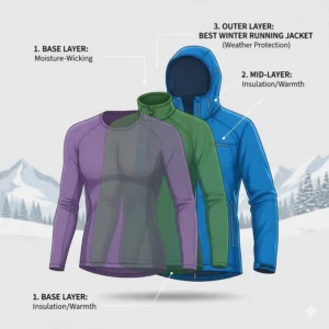 Diagram or illustration showing a three-layer system: base layer, mid-layer, and the outer best winter running jacket.