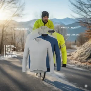 Graphic illustrating proper base layers worn underneath a heavy-duty cycling winter jacket for cold weather.