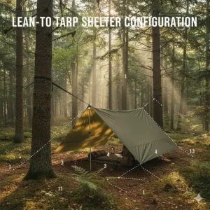 Illustration of a Lean-To tarp configuration using one adjustable pole for wind and rain protection.