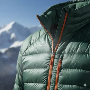 A lightweight down insulated jacket providing warmth on cold hikes, essential gear for any serious male hiker.