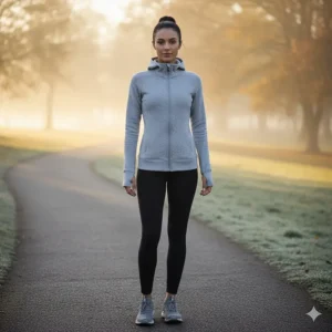Lightweight full-zip running hoodie/sweater in grey for pre-run warm-up and cool-down.