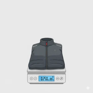 The lightweight insulated running jacket resting on a scale to demonstrate its minimal weight for runners.
