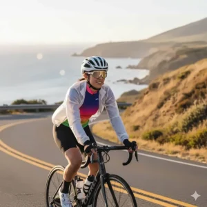 A woman wearing a lightweight summer cycling jacket that protects from wind without overheating.