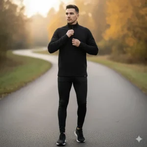 Men's half-zip running sweater in black, ideal for layering and temperature regulation.