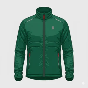 Front view of a men's insulated running jacket showing the full zipper and reflective details.
