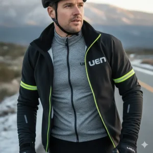 Thermal winter cycling jacket for men layered over a base layer for cold weather riding.