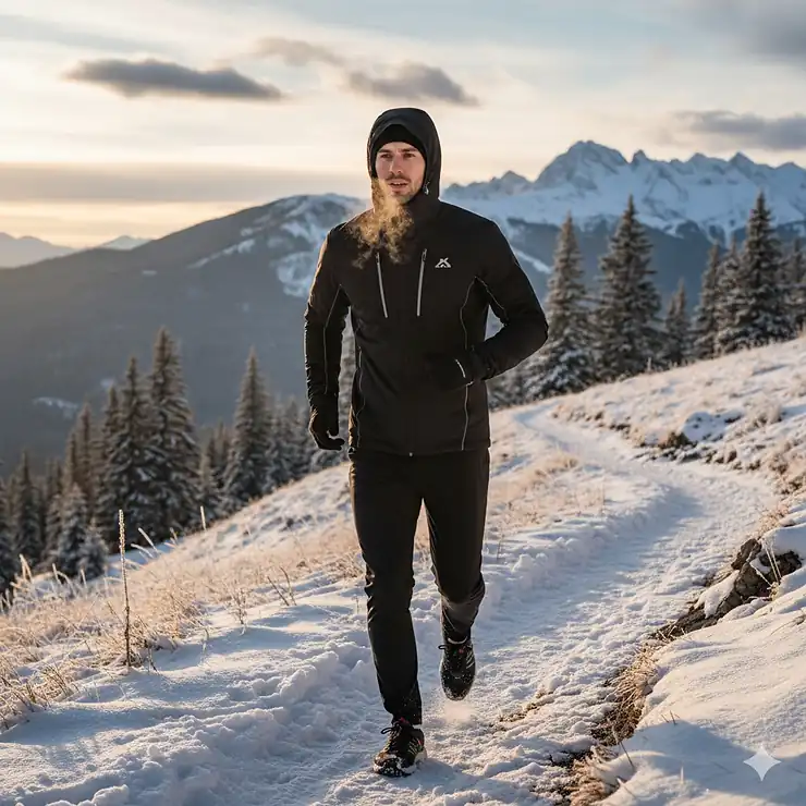 Thermal men's winter running jacket in black with a reflective logo, worn by a runner on a snowy trail. mens winter running jacket