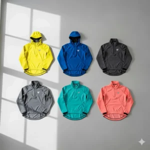 Variety of available colors and styles for men's and women's cycling wind jackets laid flat.