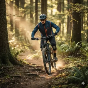 A mountain biker wearing a durable, thermal bike vest while riding on a forested trail, suitable for cooler off-road adventures.