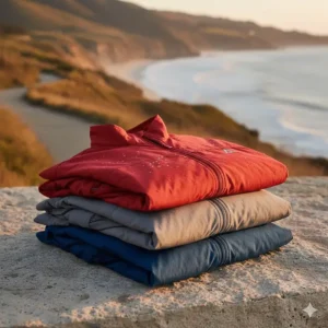 Stack of three different colored quarter zip windbreakers: red, grey, and teal.