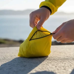 Packable cycling windbreaker neatly folded into its own small integrated pocket for easy storage.