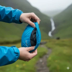 A hand folding the packable women's hiking jacket into its own pocket for easy storage.
