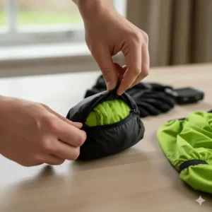 Lightweight, packable men's bicycle jacket neatly folded into a small jersey pocket.