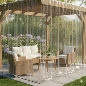 Outdoor patio furniture visible and protected under a clear tarp, showcasing its weather-proof benefits.