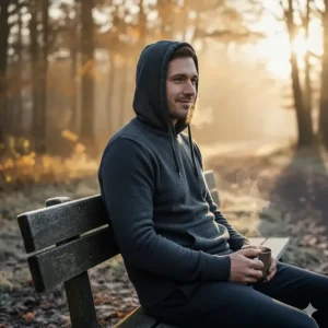 Runner taking a comfortable post-run break, wearing a soft pullover running sweater.