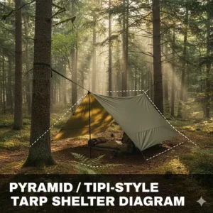 Diagram of a pyramid or tipi-style tarp shelter configuration with a single center pole for maximum internal space.