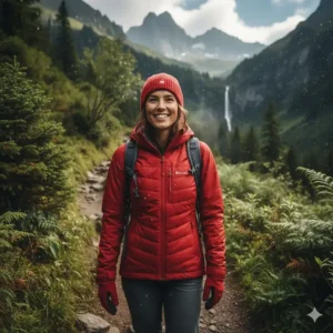 Model wearing the insulated red hiking jacket women for cold-weather adventures.