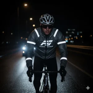 A cyclist at night illuminated by headlights, showcasing the reflective elements of a high-visibility cycling jacket.