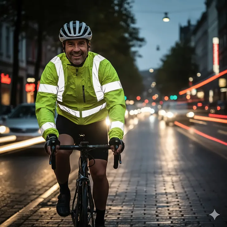 Reflective cycling jacket in high-visibility yellow worn by a cyclist riding a bike at night, showcasing the illumination from car headlights.