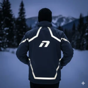 Reflective strips and logos visible on the back of a best winter running jacket in low-light conditions for safety.