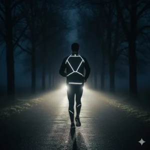 Reflective accents on the back of a running sweater for enhanced visibility during night runs.