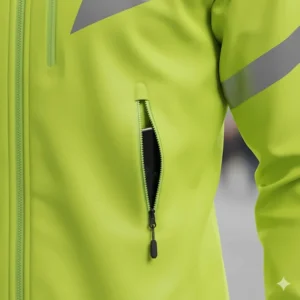 Detailed shot of the secure zippered pockets on the reflective cycling jacket, ideal for storing a phone or keys while riding.