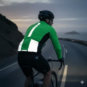Rear view of a men's bicycle jacket showing large reflective strips for low-light visibility.